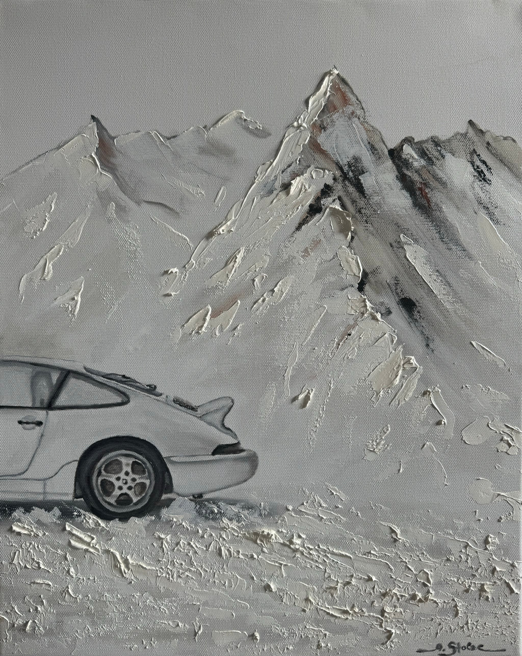 Weiße Flitzer im Winter – Zweiteiliges Ölgemälde