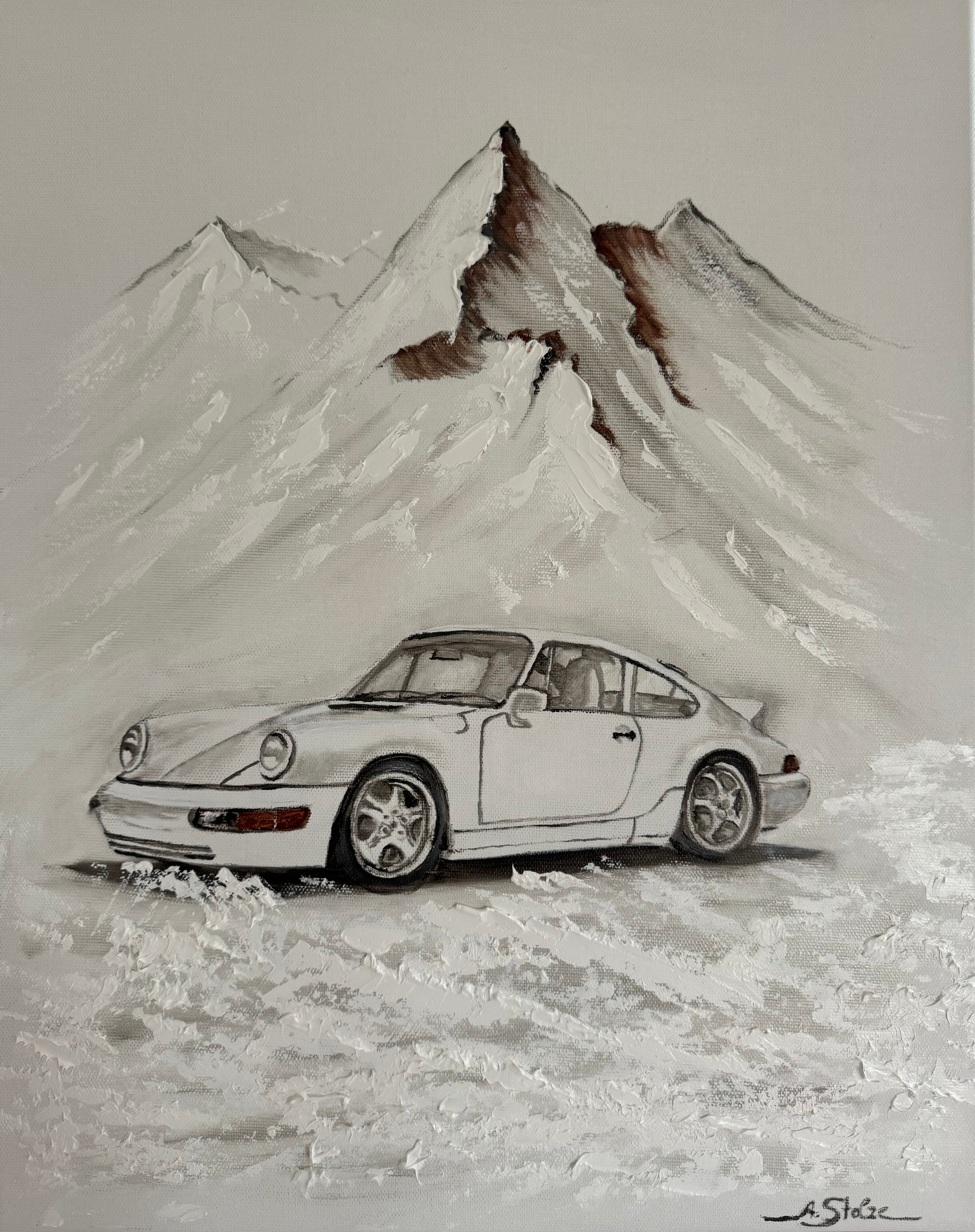 Weiße Flitzer im Winter – Zweiteiliges Ölgemälde